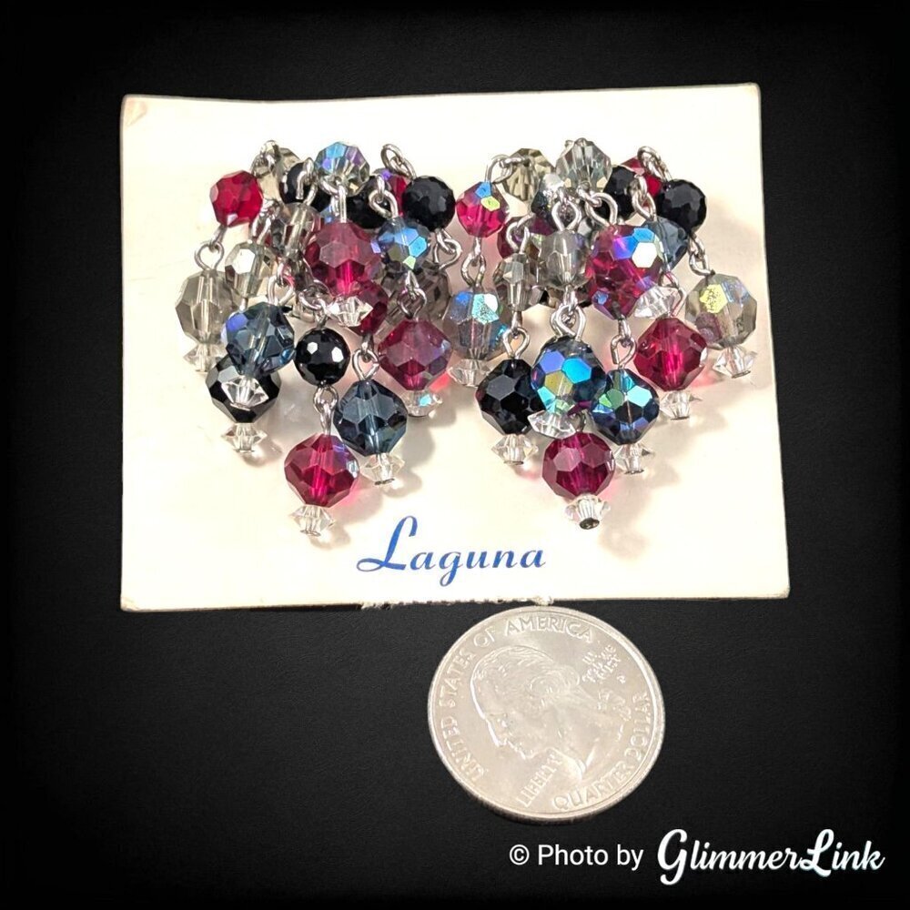 VTG 50s LAGUNA Multicolor Cha Cha Beaded Cluster Silver Tone  Clip On Earrings - Picture 6 of 10